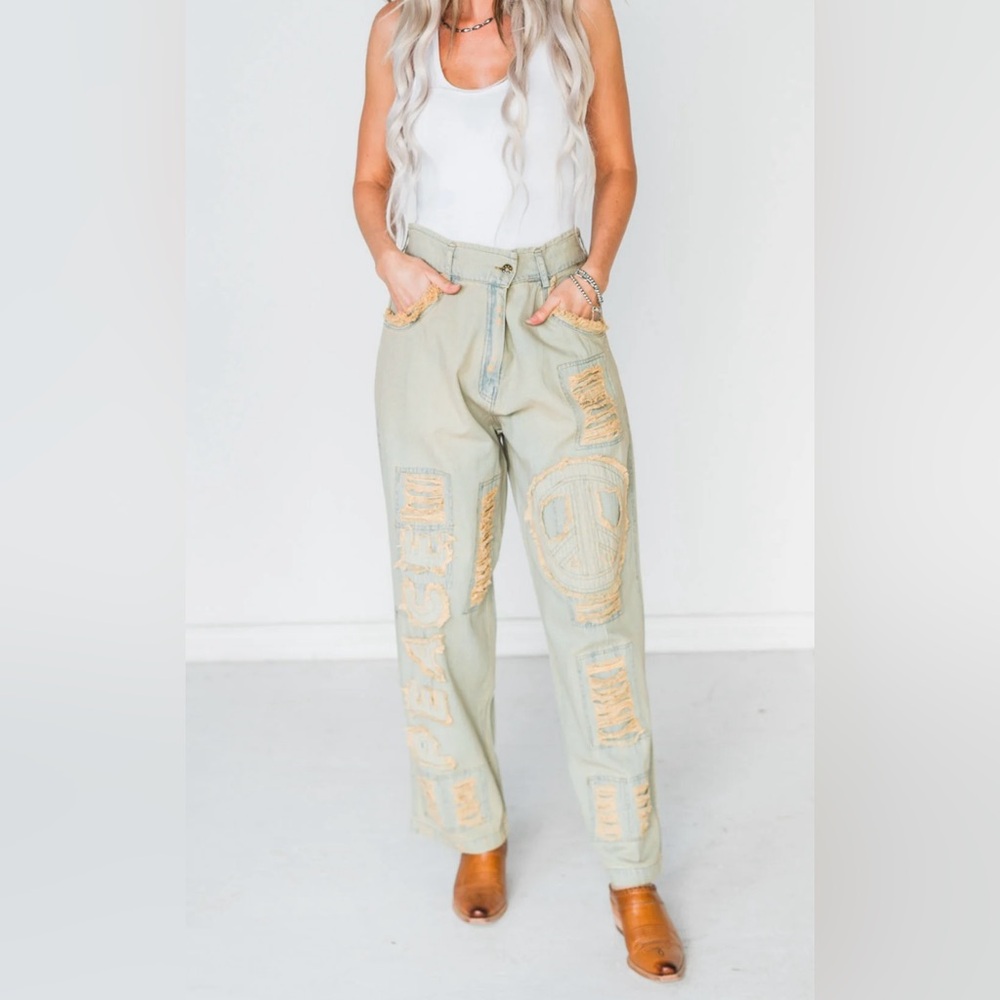 🌿 The Paper Lace Peace & Love Distressed Denim Pants – M & L Available